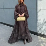 Vietnamese-style Embroidered Heavy-duty Long-sleeve Loose Ruffle Dress - Dark Coffee Color - View 1