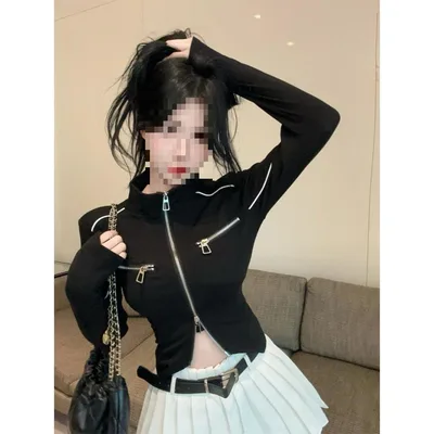 Irregular Zipper Long Sleeve Shirt Fashionable Cardigan Jacket Top Black Top - Shop at LoveMi