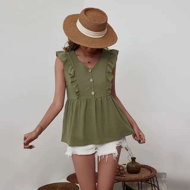 Loose Casual Ruffled V neck Sleeveless Women's Shirt Vest Top Army Green - Shop at LoveMi