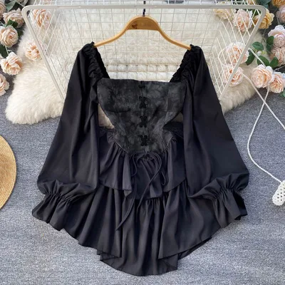 New Square neck Retro One shoulder Tie dye Court style Ruffled Dress Black - Shop at LoveMi