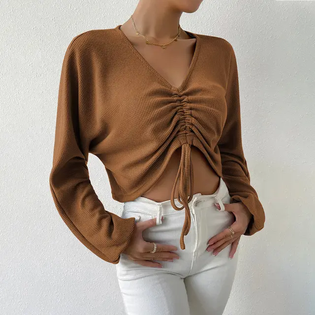 Casual V neck Drawstring Waffle Long sleeve T shirt Crop Top Dark Brown - Shop at LoveMi
