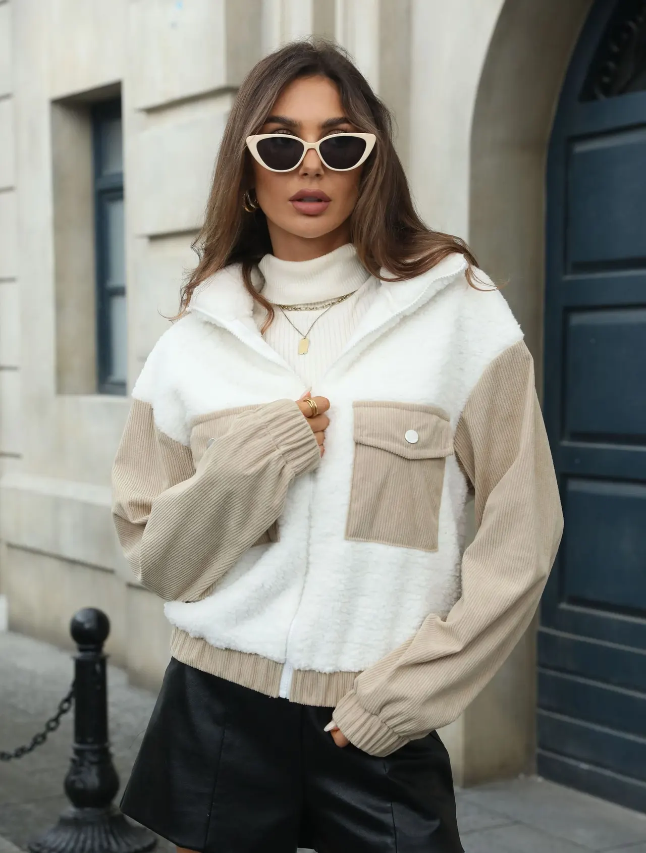 Women's Fleece Patchwork Corduroy Loose Cardigan Coat - White