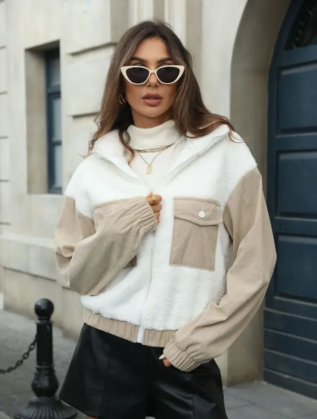 Women's Fleece Patchwork Corduroy Loose Cardigan Coat White - Shop at LoveMi