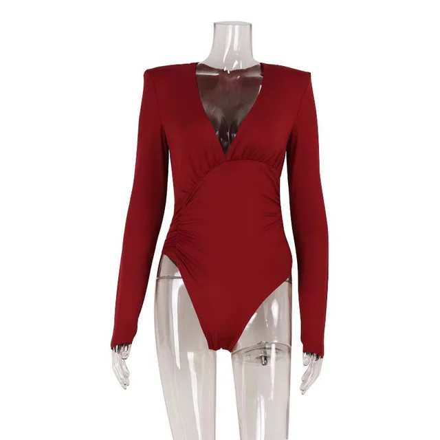 Solid Color High end Deep V Long sleeve Padded Shoulder High elastic Skin tight Slimming Bodysuit Red - Shop at LoveMi