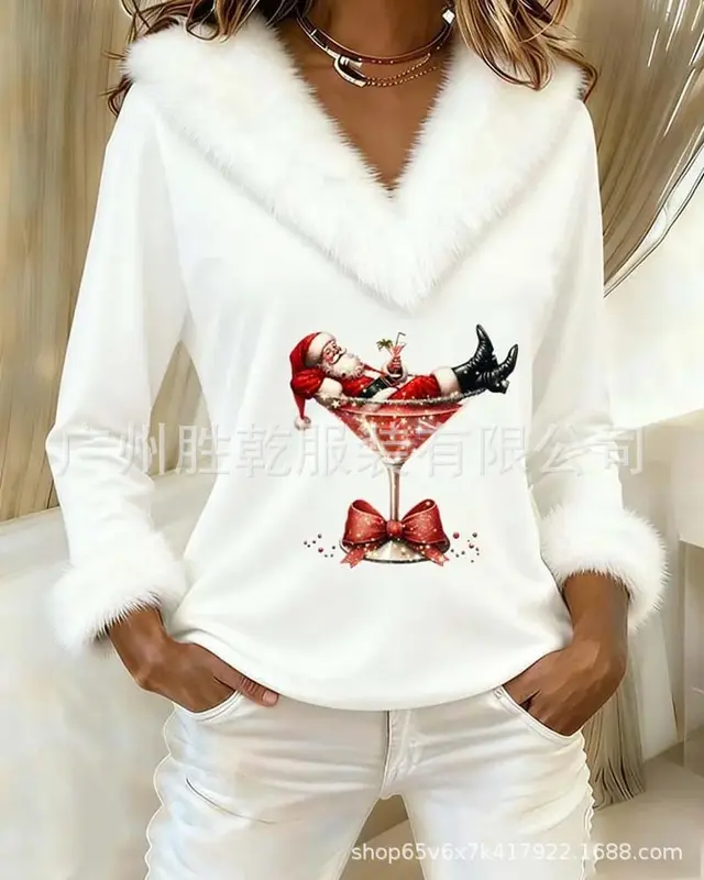 Patchwork Festival Christmas Style 3D Printed Blouse For Women White - Shop at LoveMi