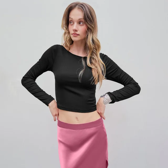 Sexy Style T shirt Autumn And Winter Backless Design Short Slim fitting Base Top For Women Black - Shop at LoveMi
