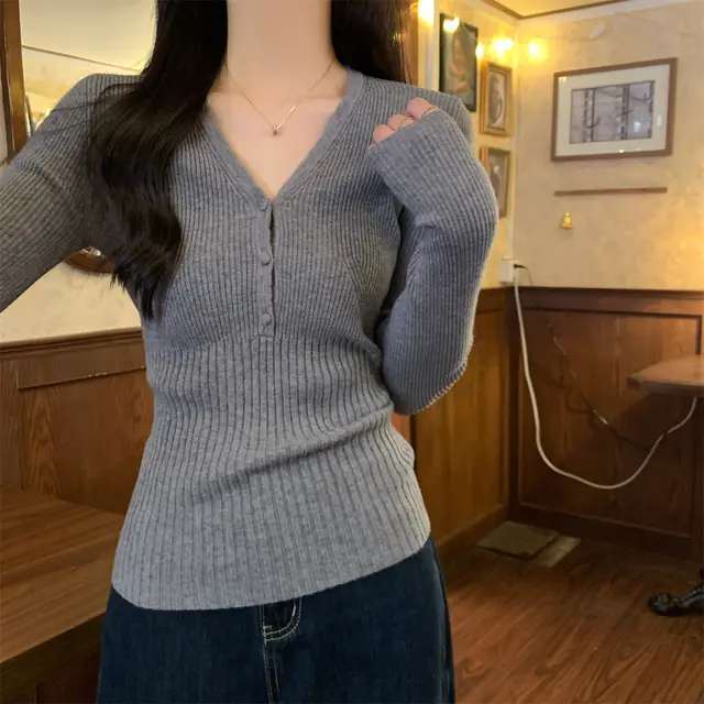 Women's Solid Color Casual Versatile V neck Knitted Top Gray - Shop at LoveMi