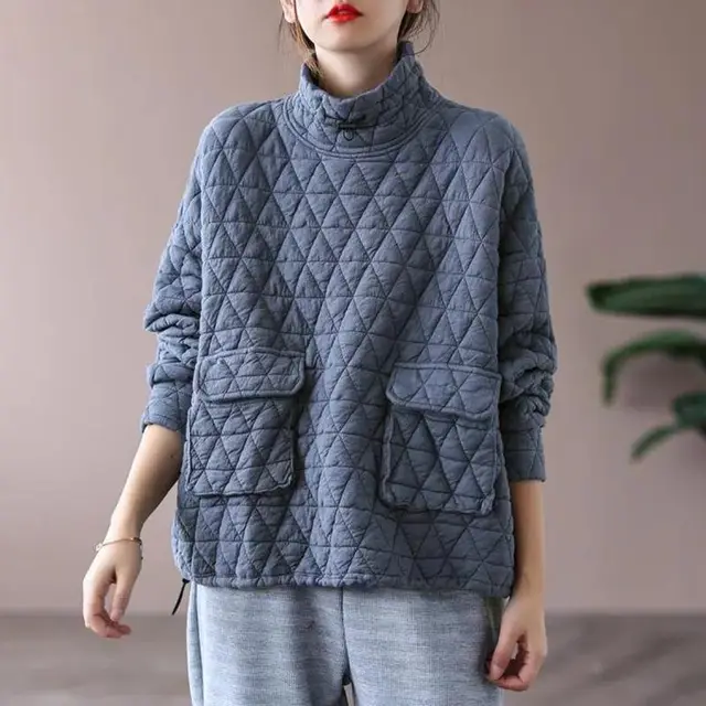 Women's Solid Color Versatile Loose Retro Diamond patterned Top Gray - Shop at LoveMi