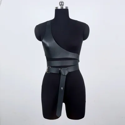 Fashion Lady Single Shoulder Corset Vest PU Leather Harajuku Style Asymmetric Slimming Tie Clothing Accessories Black 1 - Shop at LoveMi