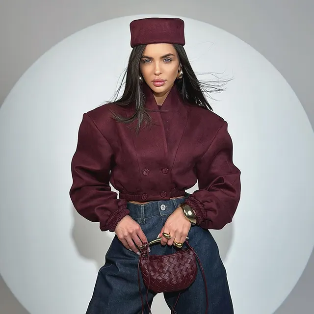 Women's Spring New Fashion Slim Fit Wine Red V Neck Double Breasted Long Sleeve Short Jacket Wine Red - Shop at LoveMi