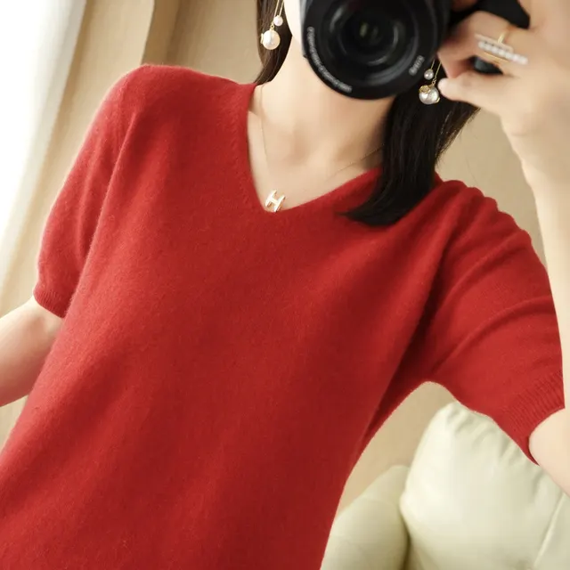Round Neck Loose Base T Shirt Women Cherry Red - Shop at LoveMi