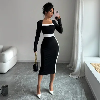 Women's Patchwork Color block Sexy Long sleeve Bodycon Dress Black - Shop at LoveMi