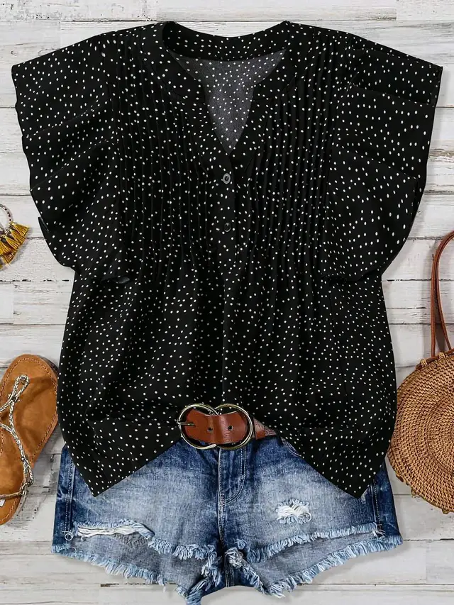 Women's Simple Print Princess Sleeve V neck Top Black - Shop at LoveMi