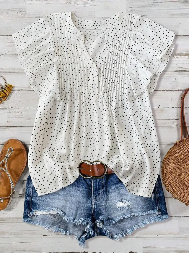 Women's Simple Print Princess Sleeve V neck Top White - Shop at LoveMi