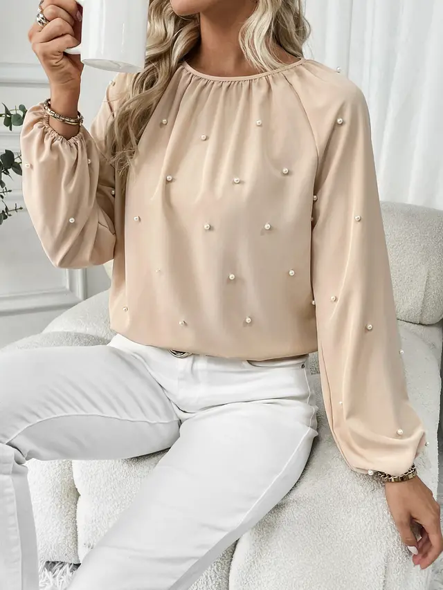 European And American Women's Round neck Beaded Lantern Sleeve Shirt Apricot - Shop at LoveMi