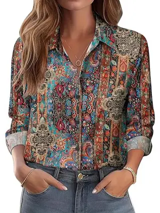 Women's European And American Versatile Printed Casual Lapel Long-sleeve Shirt - C2