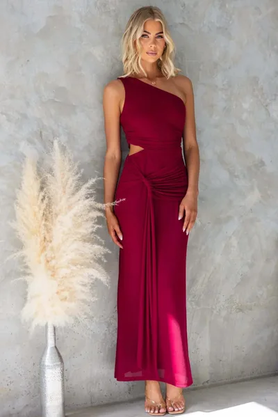 Women's Solid Color Elegant Single Shoulder Sexy Mesh Tie Dress Dark Red - Shop at LoveMi
