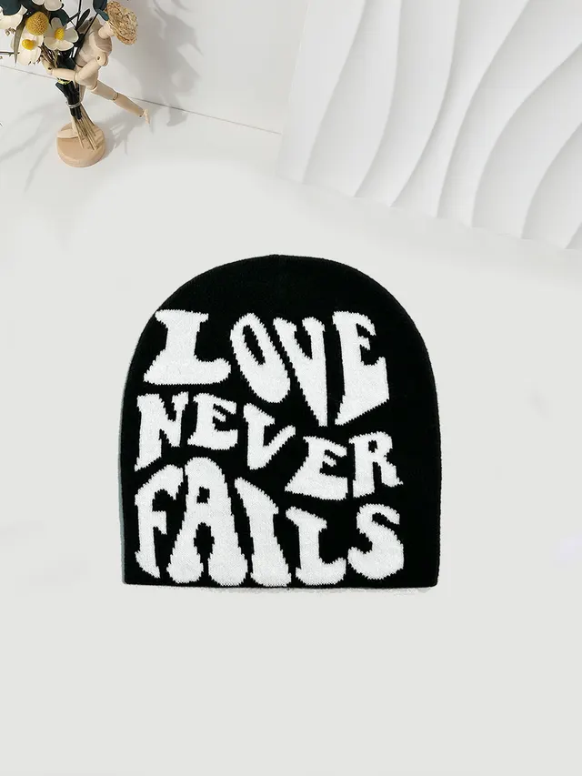 Knitted Jacquard Hat One size Fits All Beanie Cold Weather Hat Letter Jacquard Black - Shop at LoveMi