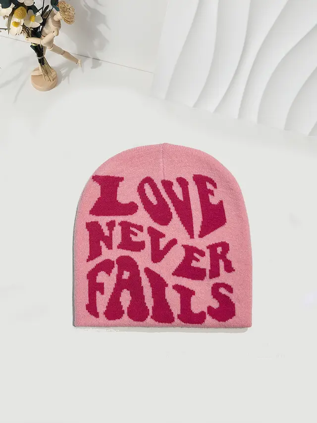 Knitted Jacquard Hat One size Fits All Beanie Cold Weather Hat Letter Jacquard Pink - Shop at LoveMi