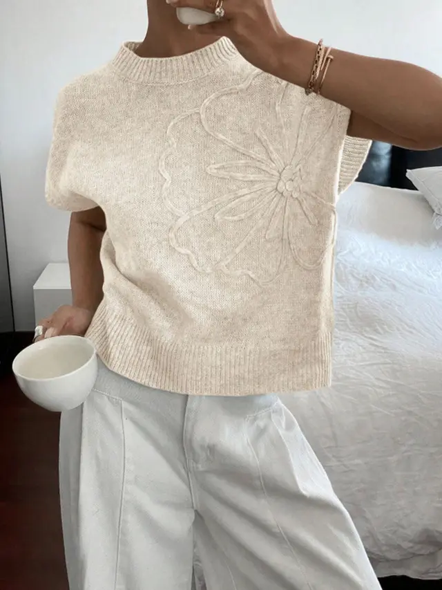 Women's Casual Solid Color Knitted Jacquard Top Apricot - Shop at LoveMi