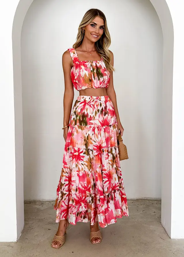 Women's Retro Sleeveless Short Wrap Bustier Printed High Waist Skirt Set Crushing Flower Set - Shop at LoveMi