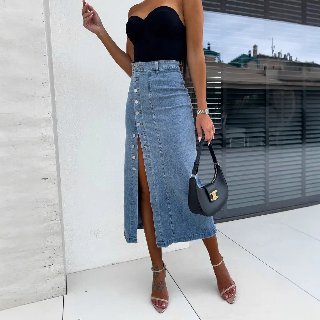 Women's Solid Color Button Irregular Slit Denim Skirt - Light Blue