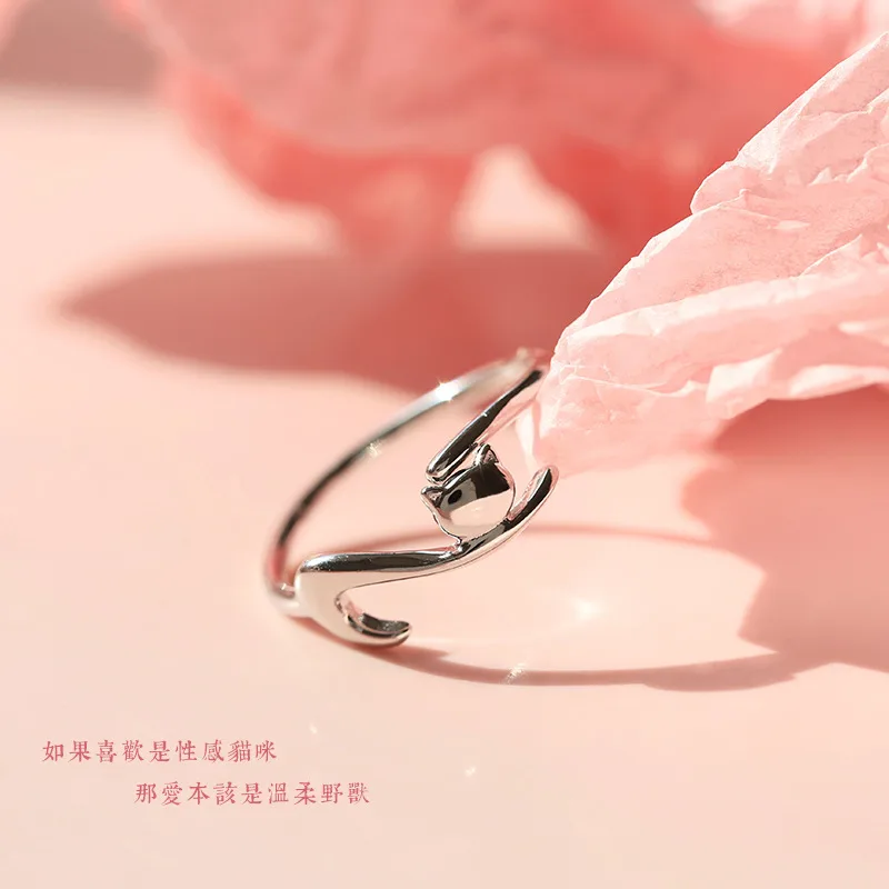 Lazy Cat Open Ring Women Creative Niche Design Cute Cat Ring White Gold Color Lazy Cat Ring - Shop at LoveMi
