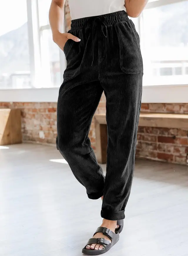 European And American Casual Pants Fashion Solid Color Corduroy Wide leg Pants Women's Pants Black - Shop at LoveMi