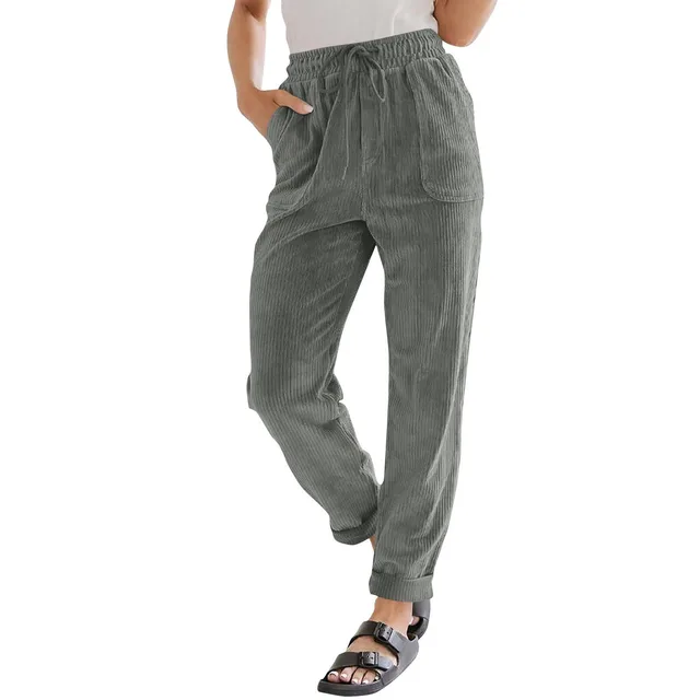 European And American Casual Pants Fashion Solid Color Corduroy Wide leg Pants Women's Pants Light Grey - Shop at LoveMi