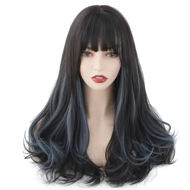 Simulated Scalp Highlights Women's Long Curly Wavy Wig Black Pick Haze Blue - Shop at LoveMi