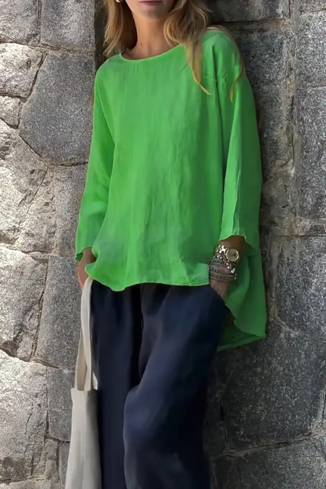 Women's Loose Linen Cotton Round Neck Long Sleeve Shirt Green - Shop at LoveMi