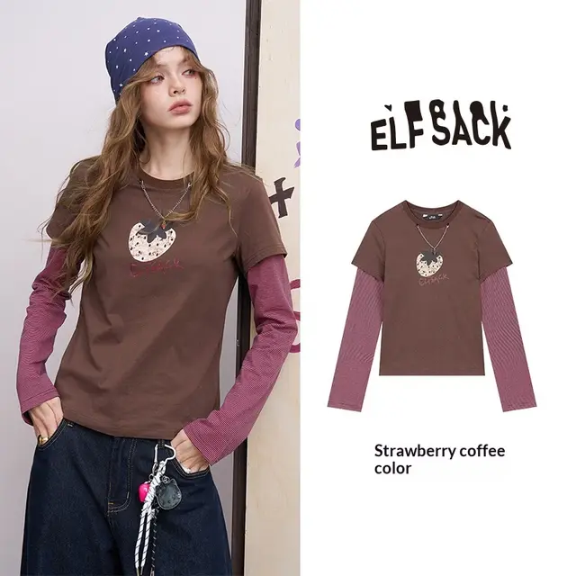 Berry Heart Berry Lung False Two Piece Retro Strawberry Print Long Sleeve T Shirt Women's Design Sense Top Strawberry Brown - Shop at LoveMi