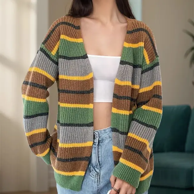 Fashion Women's Wear Striped Casual Cardigan Sweater Camel - Shop at LoveMi
