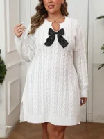 Plus-size Women's V-neck Cable Knit Sweater Solid Color Dress - White