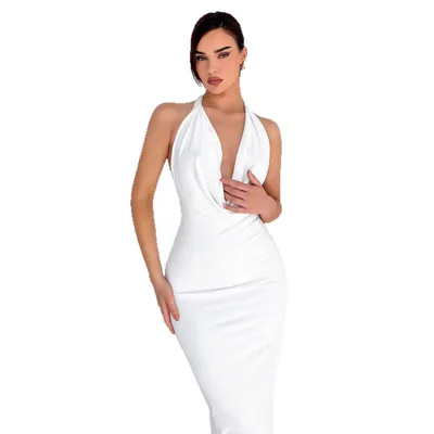 European And American Sexy Slim fit Design Long Dress Solid Color White - Shop at LoveMi