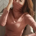 High-neck Long Sleeve Slim-fit Korean-style Women's Top - Brick Red