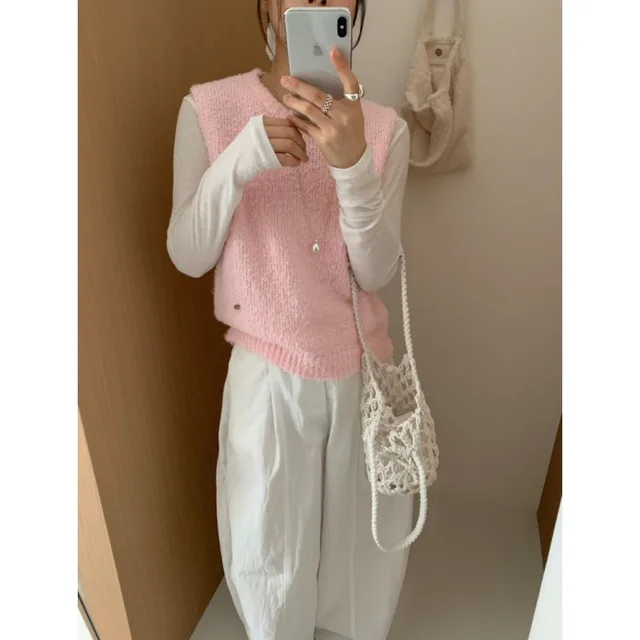 Women's Casual Korean style Candy Color Knit Vest Pink - Shop at LoveMi