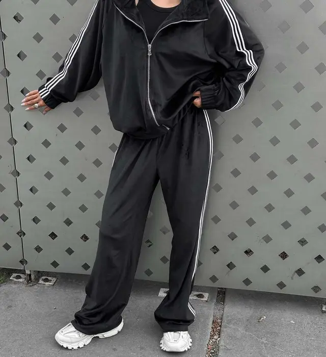 Women's Casual Hooded Jacket Loose Color block Striped Pants Two piece Set Black - Shop at LoveMi