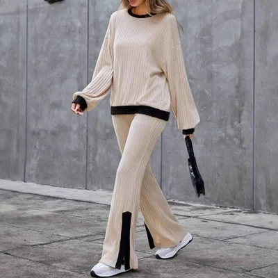Autumn And Winter Casual Loose Homewear High waist Elegant Slit Set Apricot - Shop at LoveMi