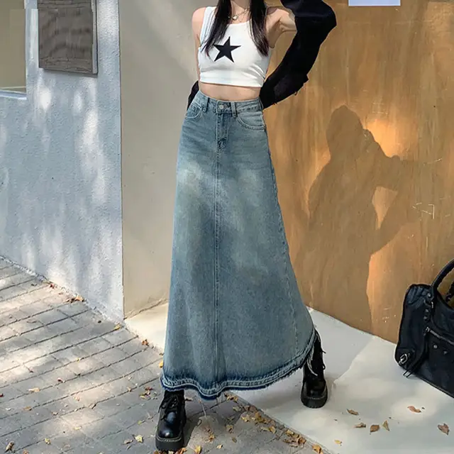 Women's Frayed Denim Skirt Retro Blue Retro Blue - Shop at LoveMi
