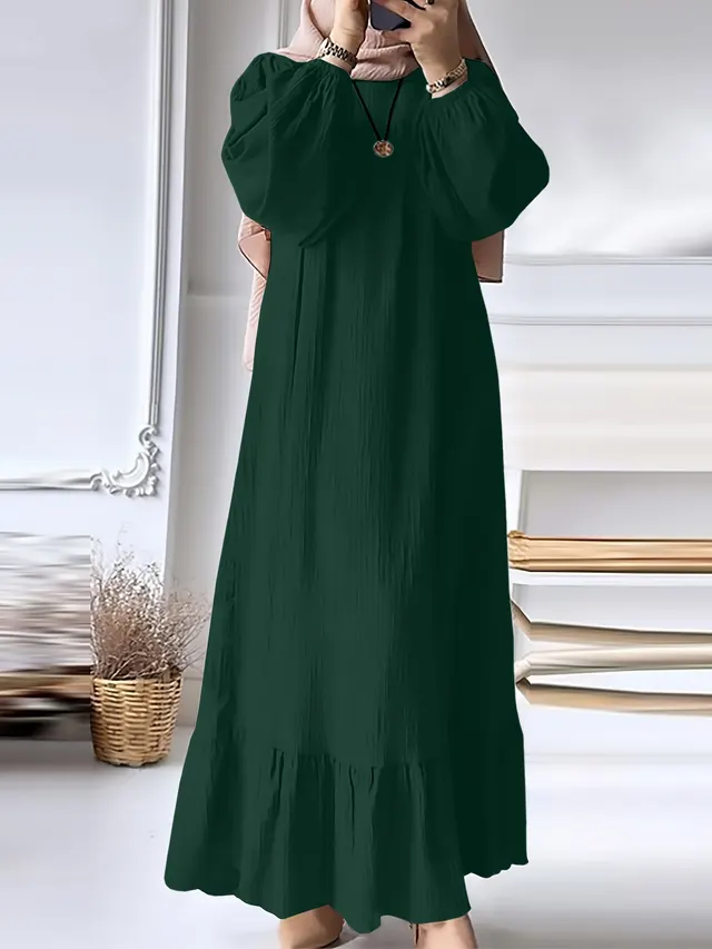 Fashion Solid Color Round Neck Ruffled Long Sleeve Dress Dark Green - Shop at LoveMi