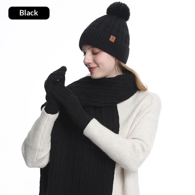 Women's Winter Warm Riding Ear Protection Knitted Hat Scarf Gloves Black - Shop at LoveMi