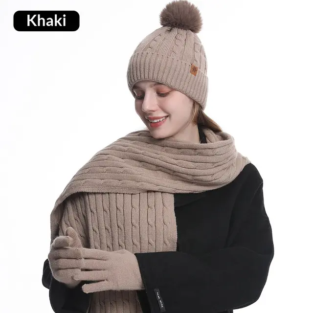 Women's Winter Warm Riding Ear Protection Knitted Hat Scarf Gloves Khaki - Shop at LoveMi