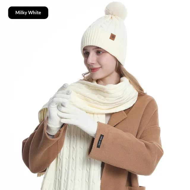 Women's Winter Warm Riding Ear Protection Knitted Hat Scarf Gloves Milky White - Shop at LoveMi