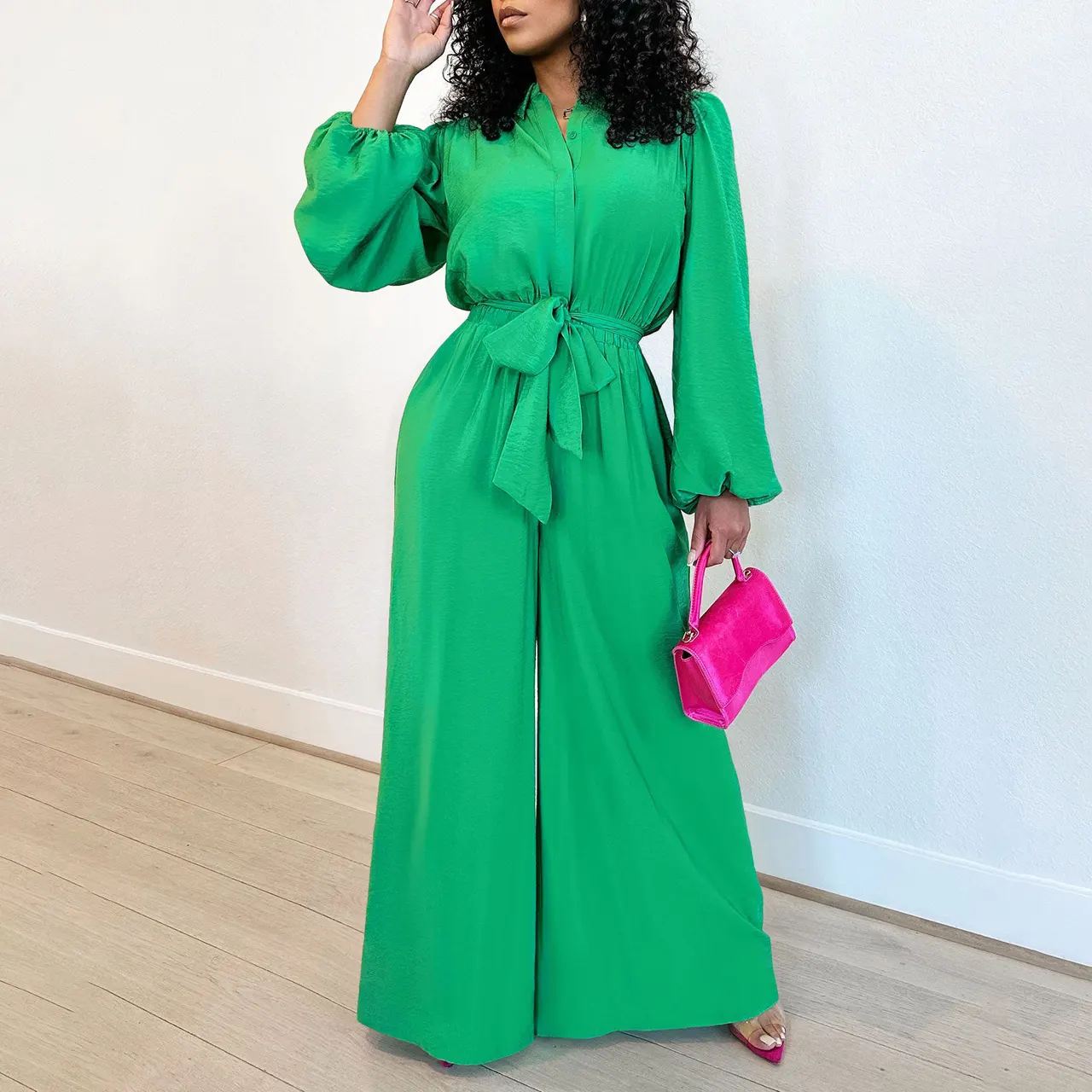 Fashion Long Sleeve Plus Size Casual Jumpsuit - Green