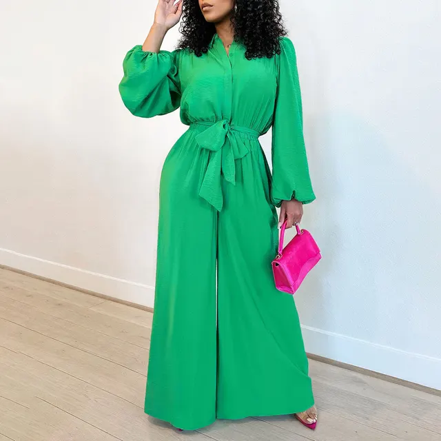 Fashion Long Sleeve Plus Size Casual Jumpsuit Green - Shop at LoveMi