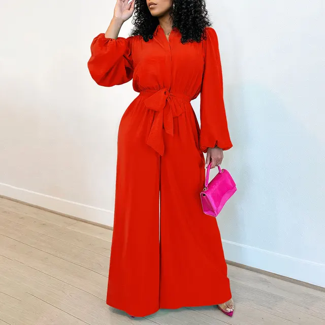 Fashion Long Sleeve Plus Size Casual Jumpsuit Red - Shop at LoveMi