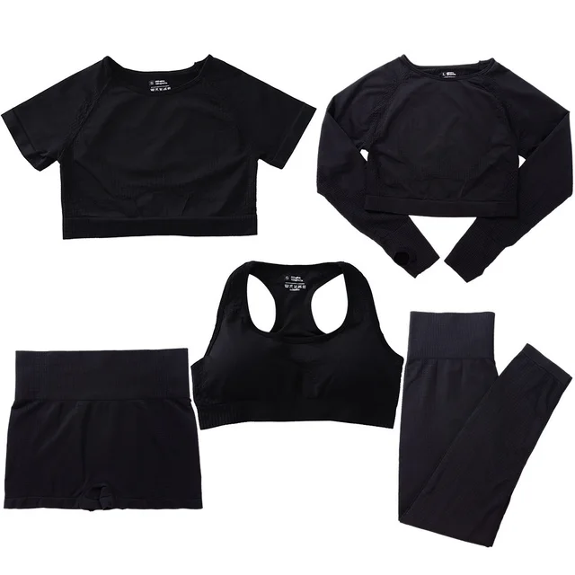 Women's Fashion Dot Fitness Yoga Outfit Five Piece Set Black - Shop at LoveMi