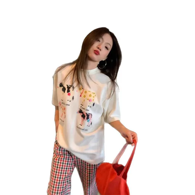 American Retro Cartoon Print Korean Version Loose Versatile Top White - Shop at LoveMi