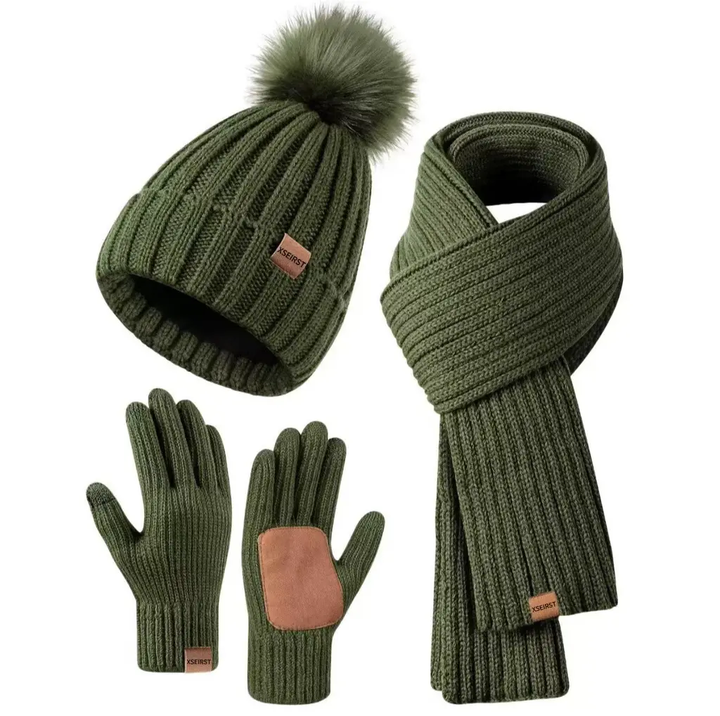 9-color Men's And Women's Knitted Hat Scarf Gloves - Dark Green Suit
